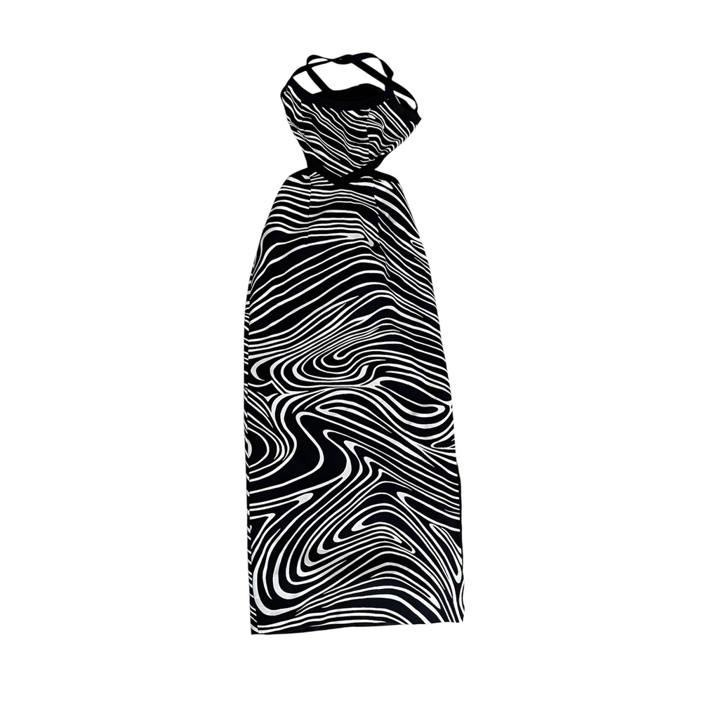 Maxi Dress Psychedelic Mod Cache Womens xxs Black White Cutout Halter Slit Gown